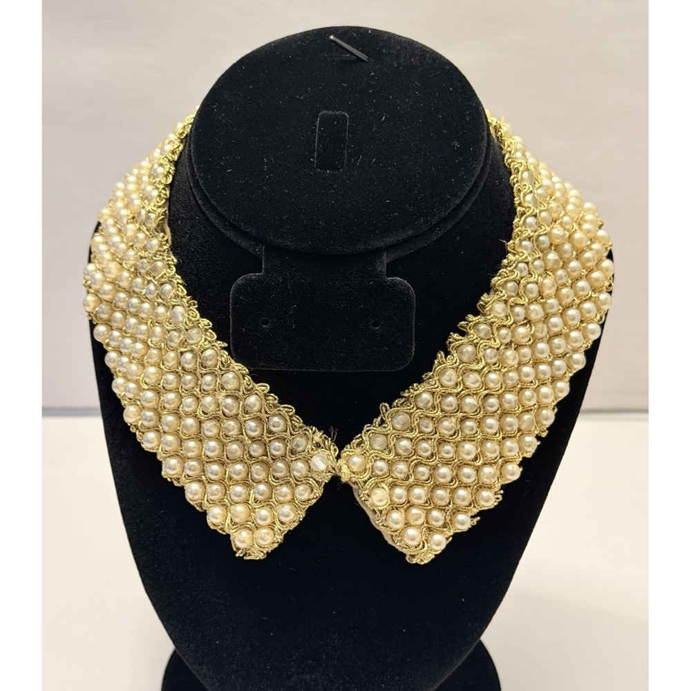 VTG Bib Collar Choker Necklace Gold 1950s Japan Faux Pearl Regency Glam MCM Mod